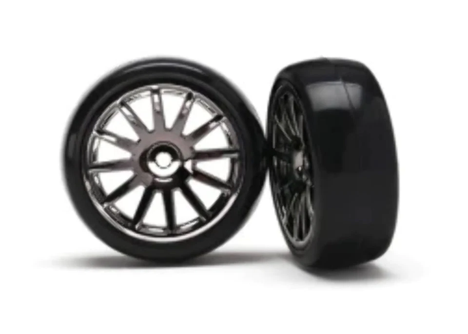 Slick Tires and 12-Spoke Black Chrome Wheels, Mounted (2): LaTrax Rally - Image 1 of 2