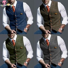 Waistcoat Tweed Lapel Vest Outwear Coats Jacket Formal Herringbone Retro Casual