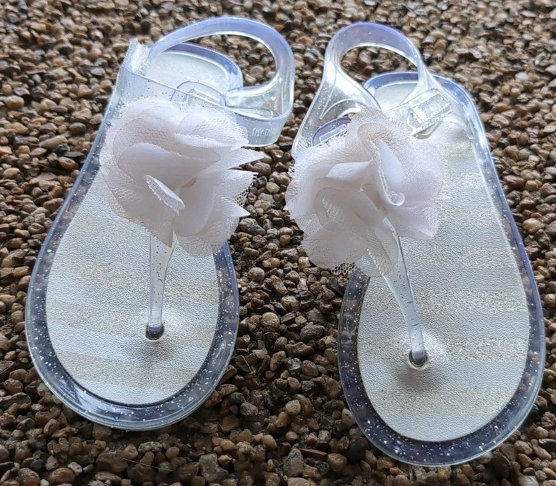 Clear Glitter/White, Easy On/Off, Jelly Flip Flops With Floral Accent, Size 11