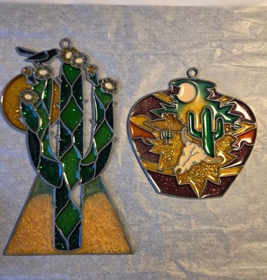 Set Of 2 Vintage Stained Glass Suncatchers Cactus Flower Desert