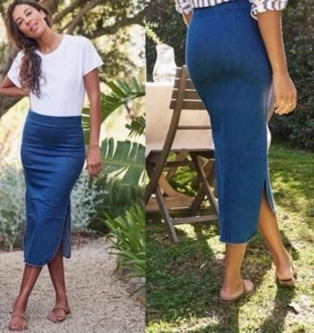 NUEVO SIN ETIQUETAS $268 FRANK & EILEEN Donegal Falda Inolvidable 10 1977 Med Denim Lavado Foto 2 de 4