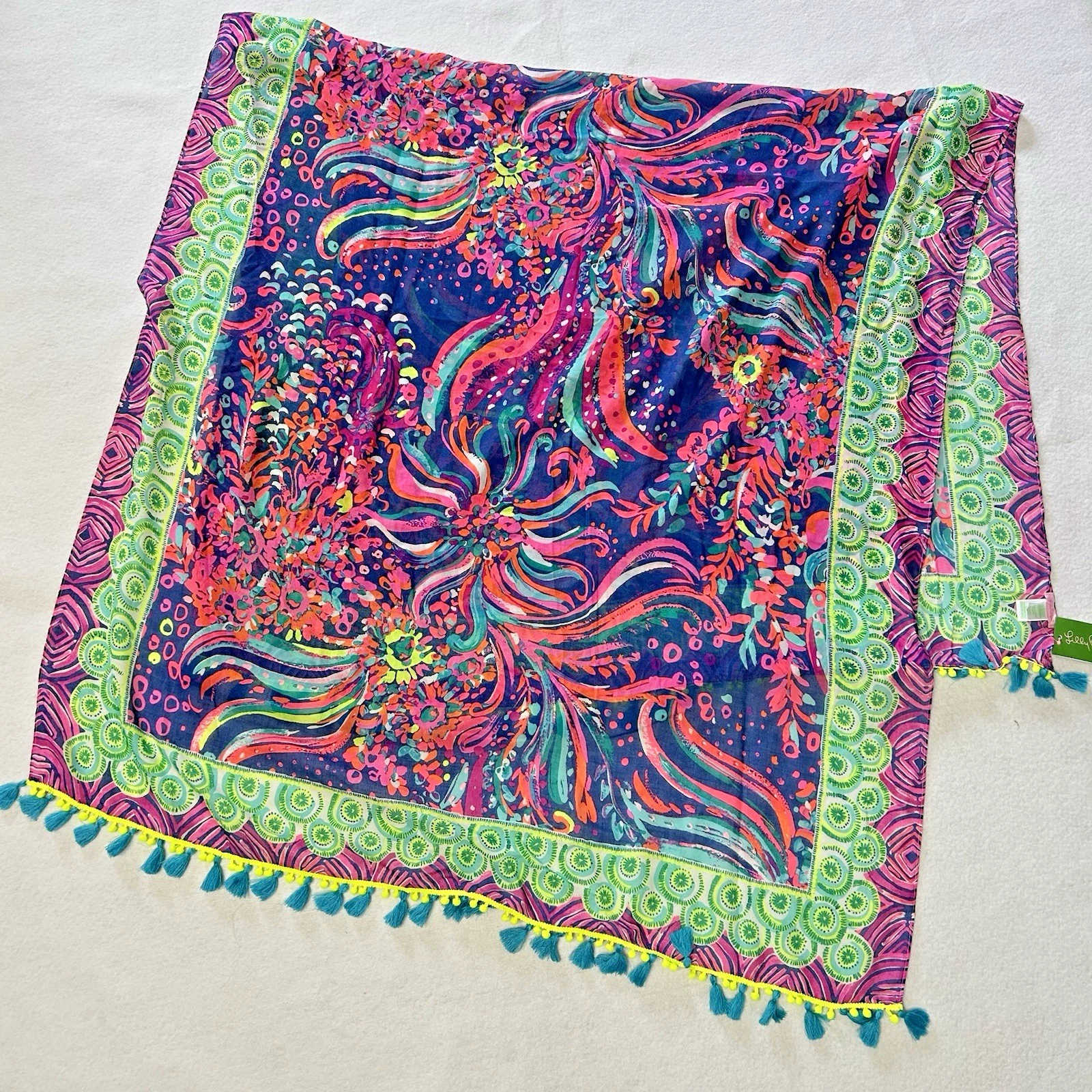 Lilly Pulitzer Palm Breeze Scarf Wrap Beach Cover Up Resort Print Tassels 40x75