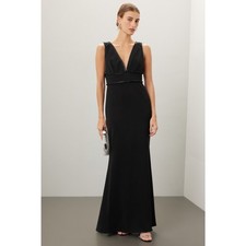 Badgley Mischka Pleated Trim Black V-Neck Sleeveless Mermaid Sheath Gown Size 0