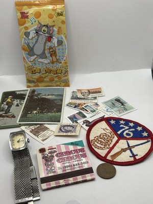 Vintage Junk Drawer Lot Timex Watch Stamps Patch Matchbook Wheat Penny