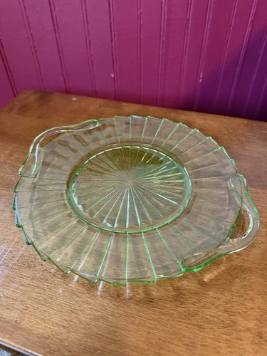 Green depression glass Plate in the Sierra pattern With Handles