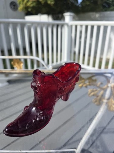 VTG Fenton Ruby Red Glass Slipper. Collectible, Ruby Red Cabbage Rose Design