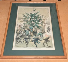 1883 PUCK Antique Framed Litho Cartoon CHRISTMAS IN WASHINGTON Joseph Keppler