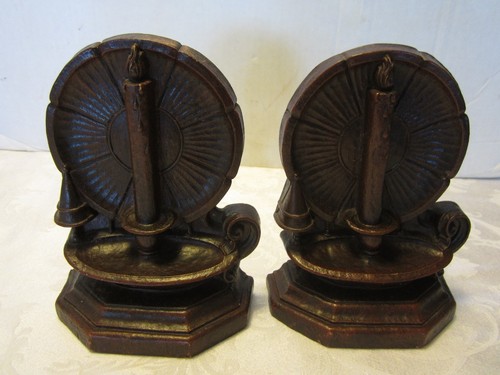 Vintage Syroco wood bookends Candle w/ holder & reflector BROWN 6.50”tall 1940s - Picture 2 of 5