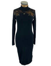 COAST BODYCON TIGHT DRESS 8 BLACK Lace Beaded Shoulder Sleeves Midi Stretchy