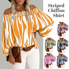 Womens Striped Off Shoulder Long Puff Sleeve T Shirts Ladies Casual Blouse Tops
