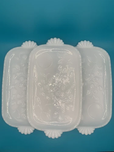 Vtg Hazel Atlas Milk Glass Dogwood Pattern Snack Trays Plates set of 3 No Cups