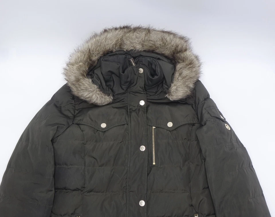 Michael Kors Down Puffer 夹克人造毛皮连帽大号女式橄榄色 — 第 3/4 张图片