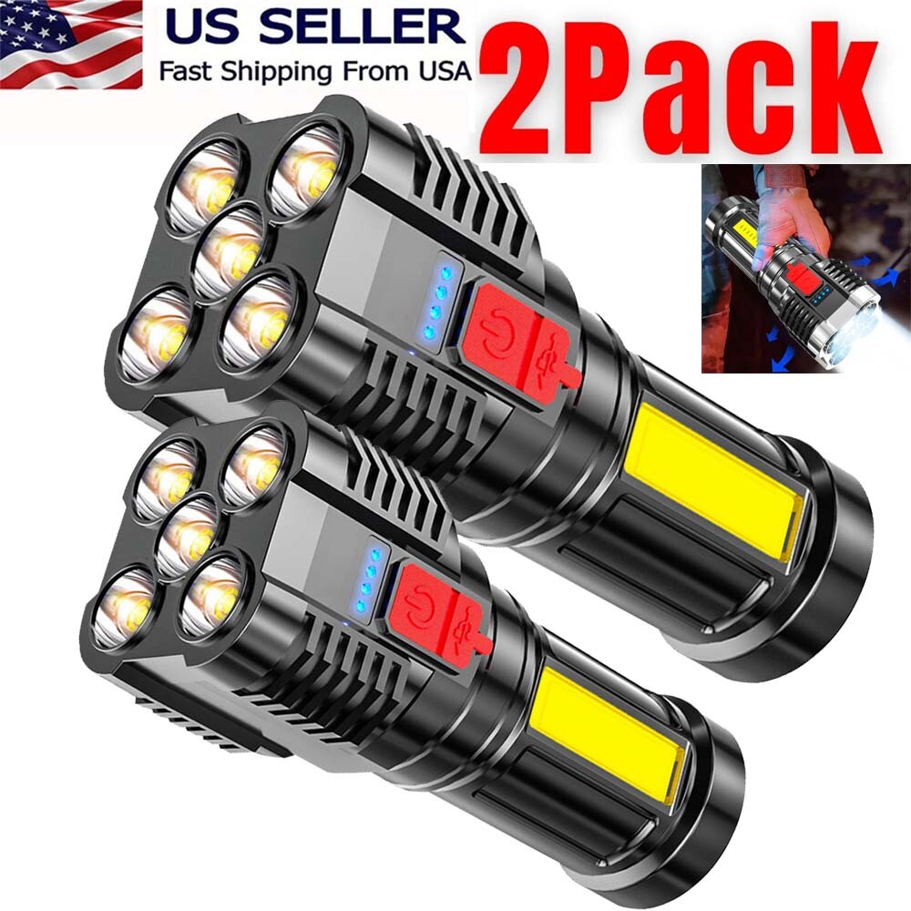2 Pack LED Super Bright Flashlight USB Rechargeable Torch Tactical Lamp Outdoor