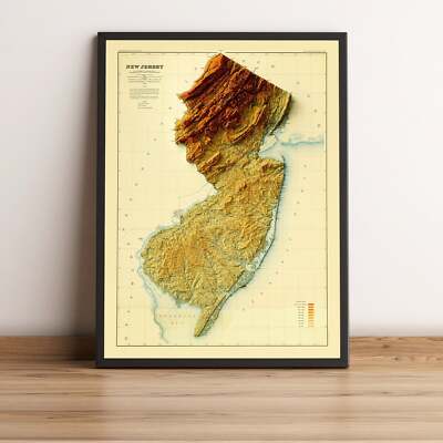 New Jersey Map, New Jersey 2D Relief Map, New Jersey Vintage Map - 2D Flat Print