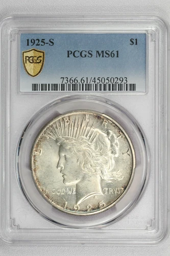 1925-S Peace Silver Dollar $1, PCGS MS61, Brilliant Uncirculated BU