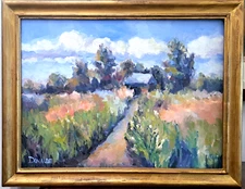 Original Oil Painting Landscape Fields Path Cottage Clouds Framed by Donalee