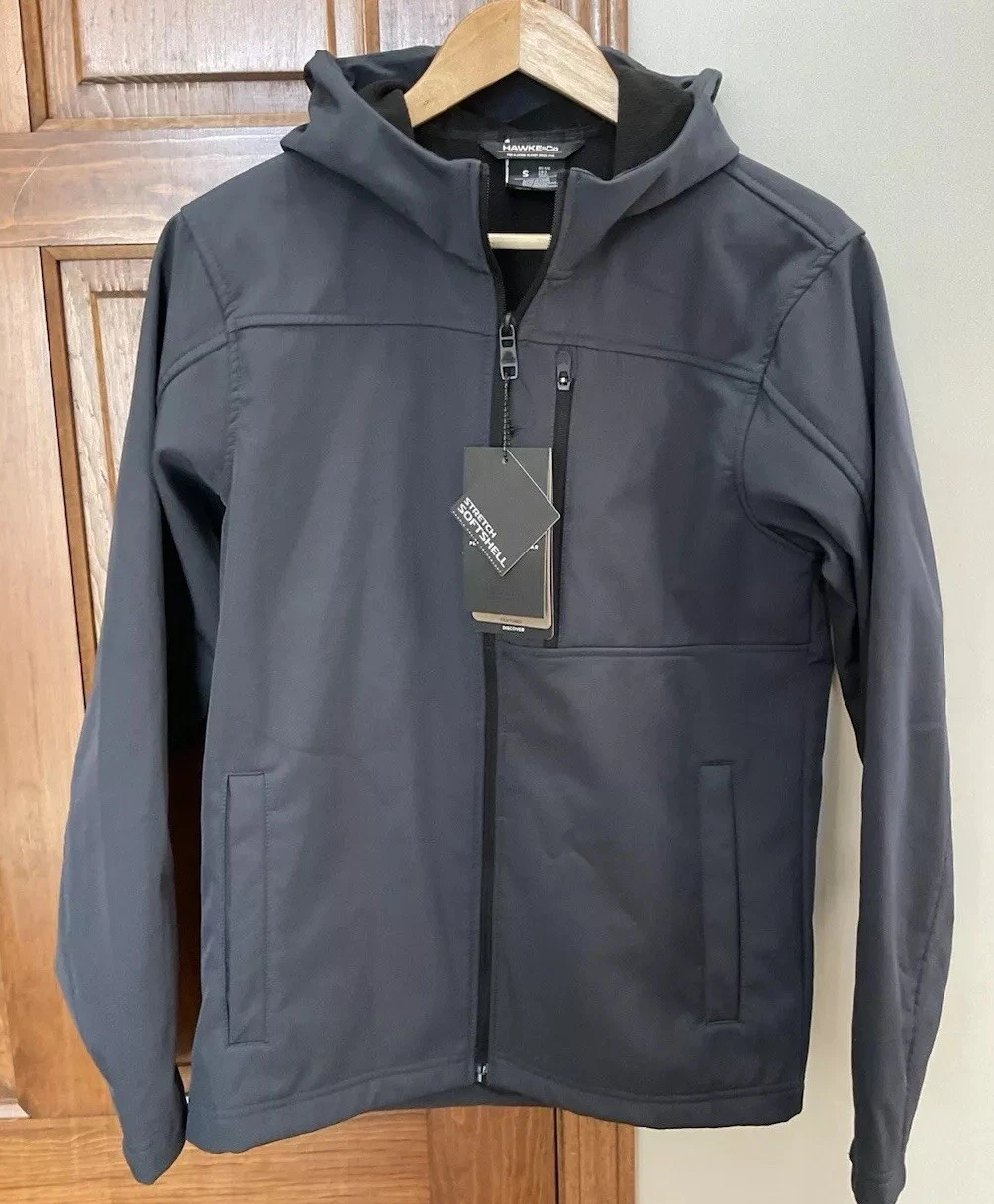 Hawke & Co Pro Series Mens Stretch Softshell Jacket Black Hooded Small MSRP $150