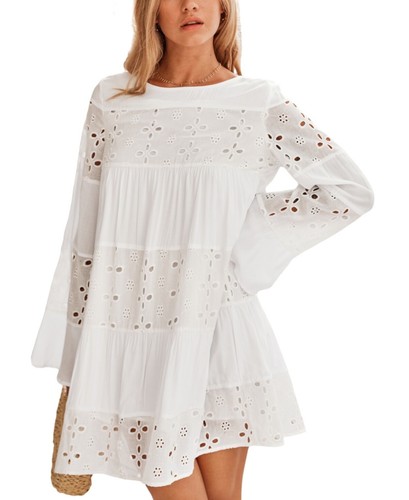 Nuevo Vestido Cupshe Acampanado Ojales Blanco Para Mujer XL Midi Manga Larga Playa