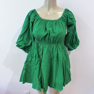NWOT Mable Green Mini Dress Sz S Fit Flare Babydoll Puff Sleeves