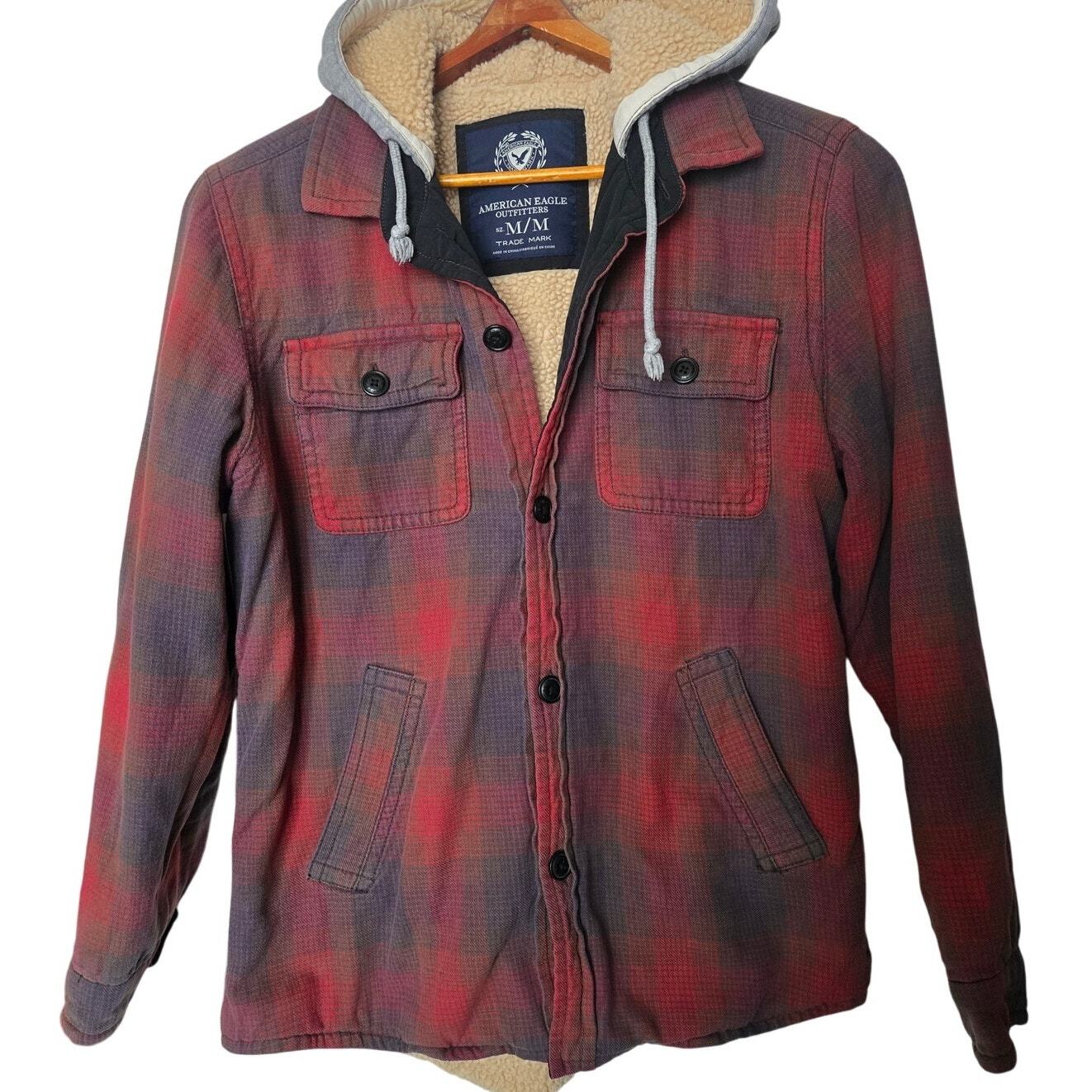 Men's American Eagle Fleece Plaid Hooded Jacket Medium Warm Button-Up