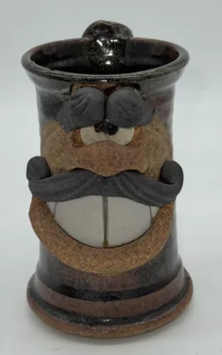 VTG Robert Eakin Signed Stoneware Pottery Ugly Face Mug Mustache Smile 5.5” Tall