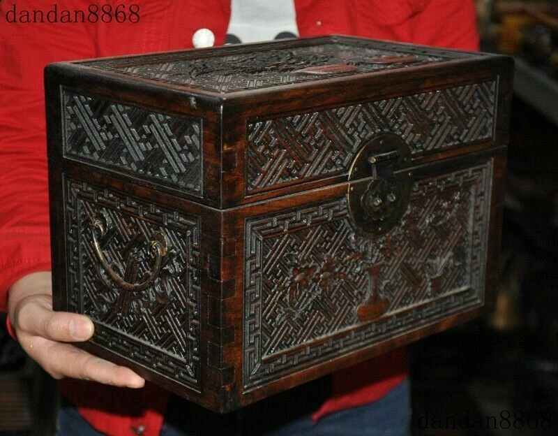 Antigua China Huanghuali Madera Tallada Rosa Flor Dinastía Joyero Cajas del Tesoro Foto 2 de 4
