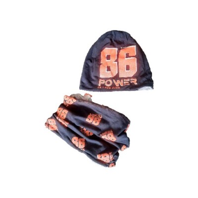 Jungen Wende Mütze Loop Set Jersey Halstuch Schlauch Schal Hut Blau Neon Orange 