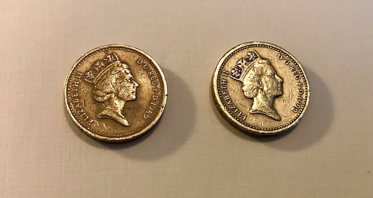 1989 ~&~ 1992 Queen Elizabeth II, D G REG F D, One Pound Coins