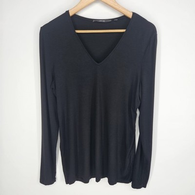 James Perse Womens Large L Basic Tunic V-Neck Long Sleeve Black T-Shirt Stretch