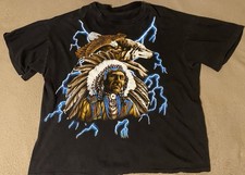 Vintage 90s American Thunder T-Shirt Single Stitch Indian Chief Wolf Large