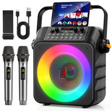 Karaoke Machine Bluetooth Party Speaker with 2 Wireless Mics Deep Bass Subwoofer