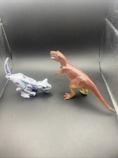 Lot 2 Dinosaur Figures T-Rex Brown  Robot Dino White Blue Toy Set