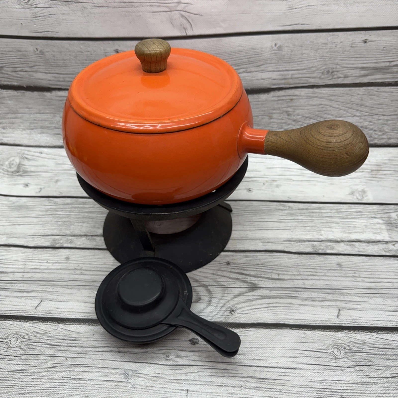 Fondue Pot & Wood Stand & Hdl 6 pcs. & 5 Forks - Yellow Enamel Metal Pot- Japan