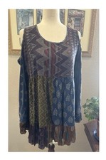 Sacred Threads Babydoll Mini Dress Cold Shoulder Patchwork Sm Medium Bohemian