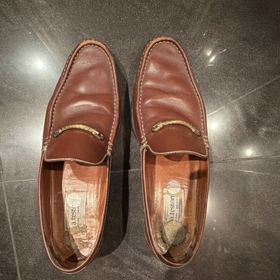 a.testoni Men s Brown Leather Slip-On Loafers US 11 Almond Toe Logo