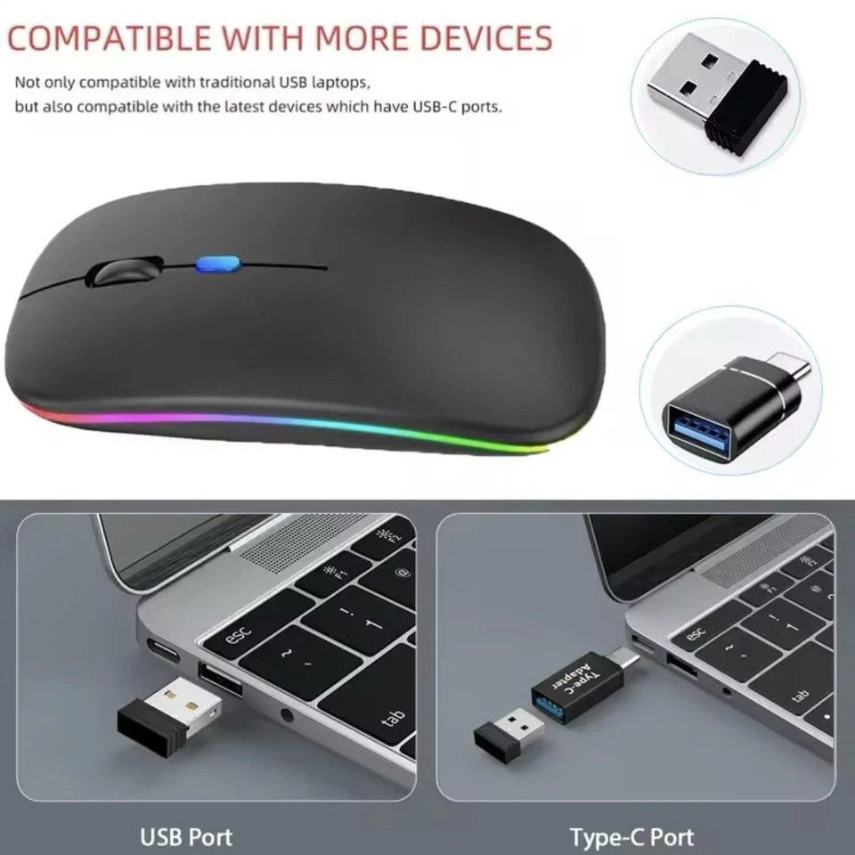 Wireless RGB Silent Mouse Bluetooth & 2.4GHz Rechargeable for PC iPad Laptop - Immagine 3 di 4