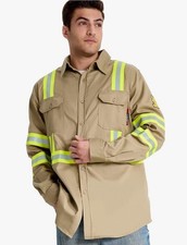 FR Safety Shirt High Visibility Button Down Flame Resistant Reflective 3XL Khaki