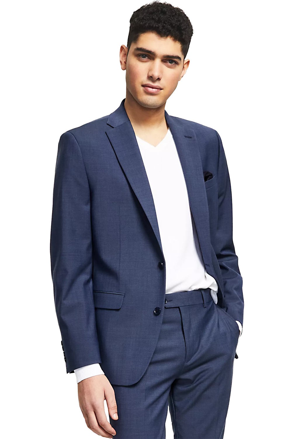 Мужской приталенный пиджак из смеси шерсти и акульей кожи Bar III синего цвета длиной 46 см - 425 новозеландских долларов 8790₽