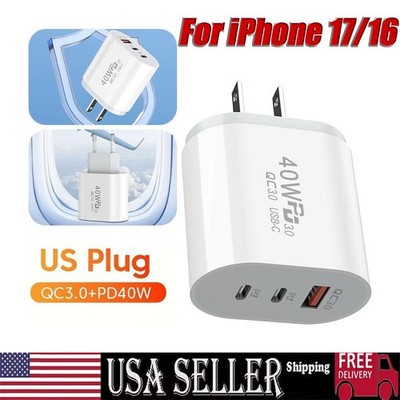 Dual PD 40W Fast Wall Charger Power Adapter For iPhone 17 Pro Max 15 13 8 Plus