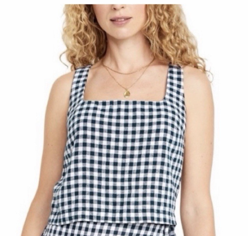 Old Navy taglia M Gingham plaid misto lino senza maniche crop top preppy cottagecore - Foto 1 di 12
