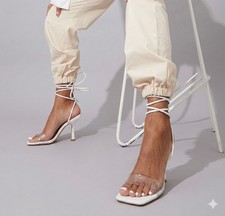 PrettyLittleThing White Lace-Up Clear Strap Square Toe Stiletto Heels - Size 8