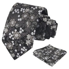 Mens 3.15'' Natural Flower Pattern Tie with Floral Pocket 146-black gray white