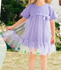 Toddler Girl Tutu Short Sleeve Party Tulle Dress Colorful Pom poms size 90 2T/3T