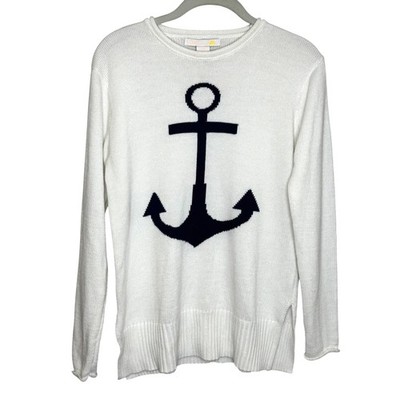 C&C California Sweater Womens XS White Anchor Nautical Crewneck Pullover Knit