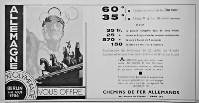 PRESSEWERBUNG 1936 DEUTSCHLAND 11. OLYMPIADE BERLIN DEUTSCHE EISENBAHN