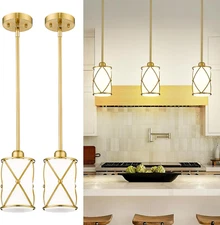 Brushed Gold Pendant Lights Kitchen Island, Modern 2 Pack Pendant Light with Fro