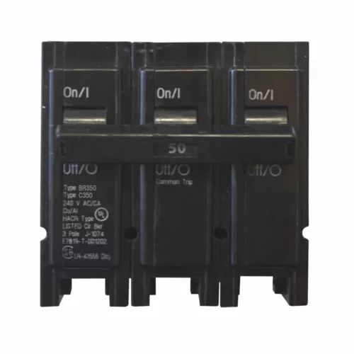 Eaton BR350 Circuit Breaker, 240V, 50A, 10kA, 3 Poles, Thermal Magnetic Trip