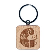 Sweet and Cute Flowers Rounded Block Letter C Engraved Wood Square Keychain