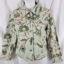 Nomads Land Embroidered Green Denim Jacket Floral Artsy Made In India Size Small