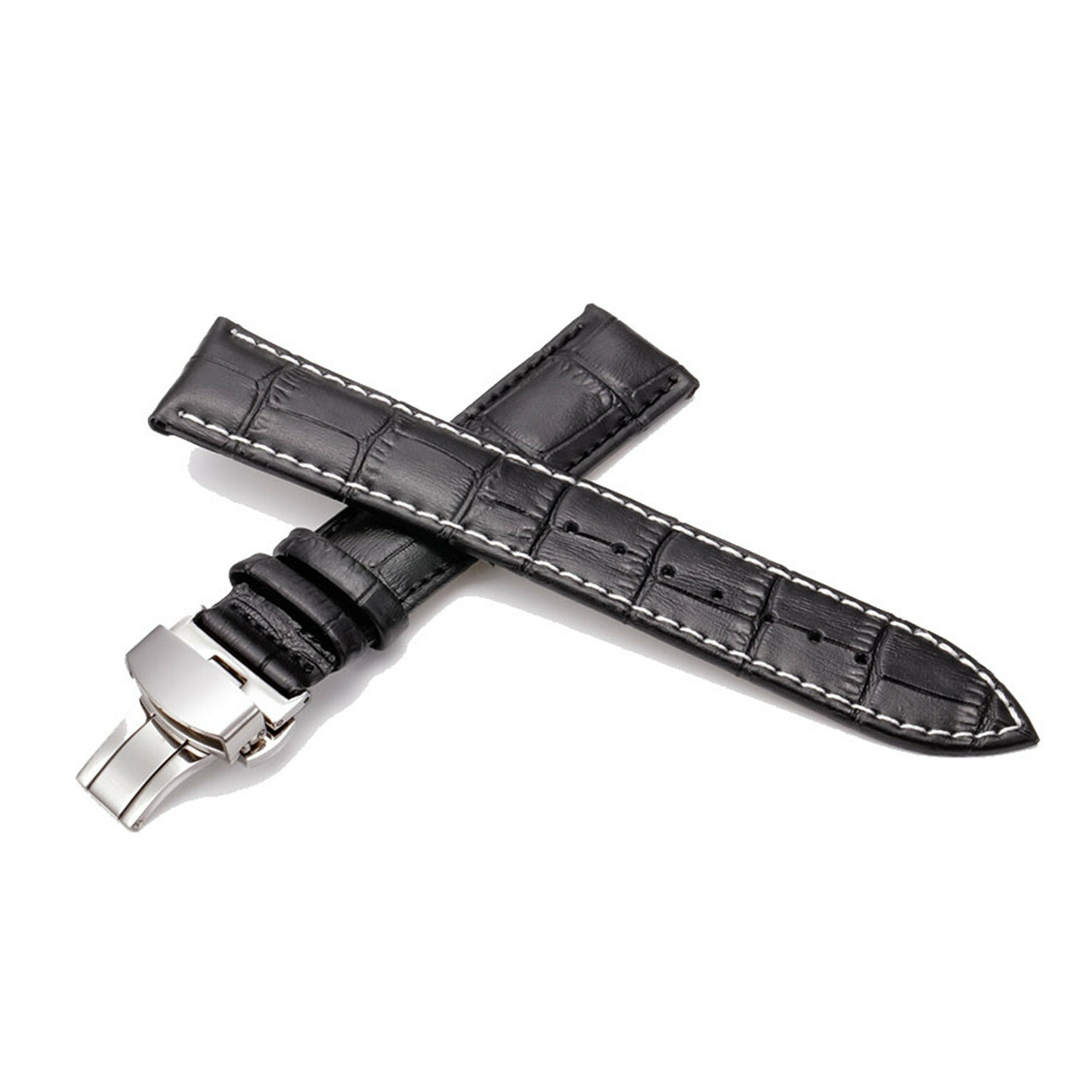 1224mm Genuine Leather Strap Butterfly Buckle Watch Band with Spring